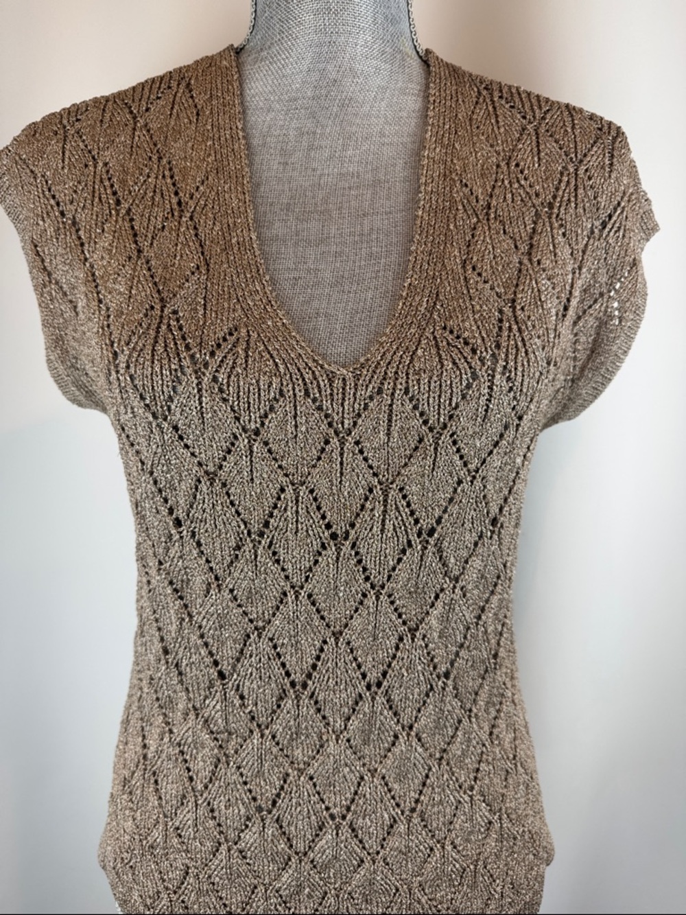 WHBM Women’s Knit V-Neck Short Sleeve Sweater - Taupe/Bronze